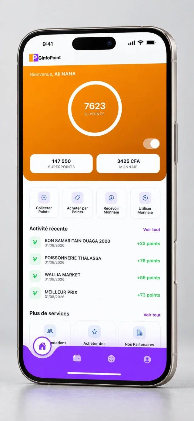 Application GinfoPoint : solde de G-Points, superpoints, monnaie et activité récente